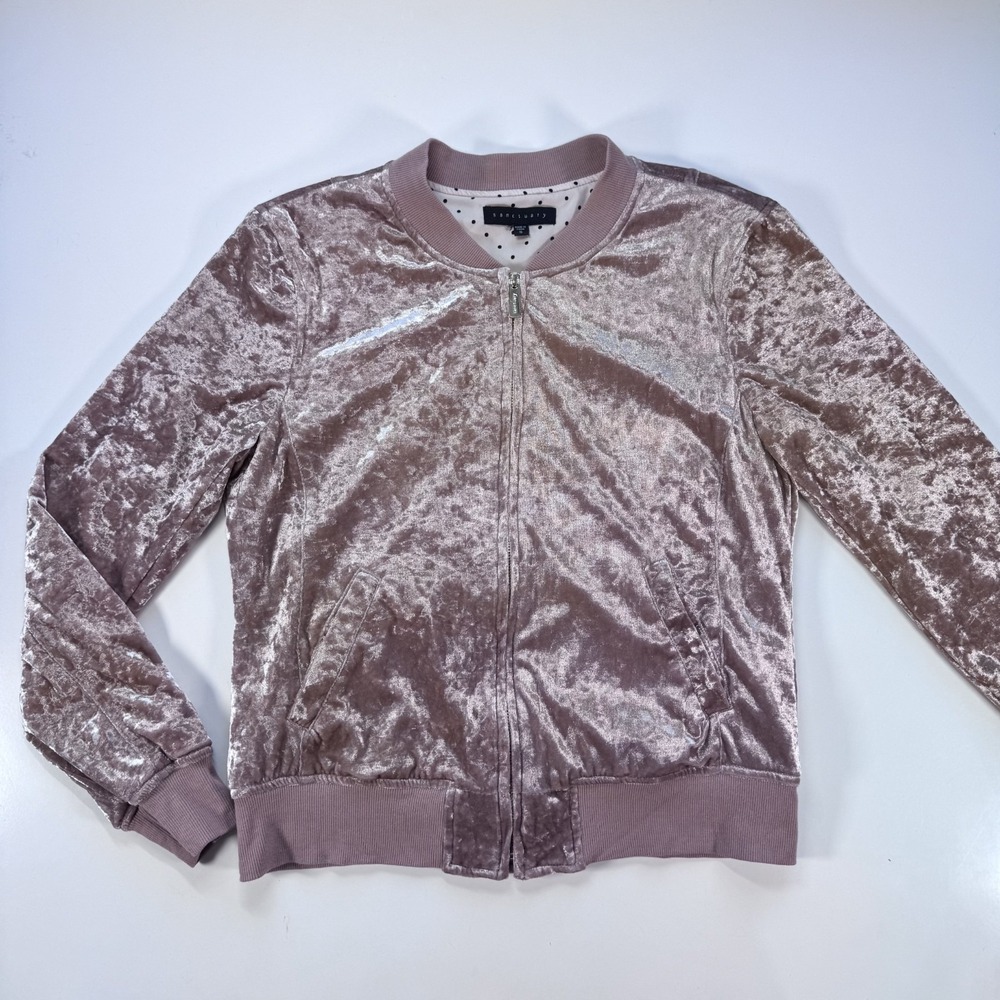 SANCTUARY Jacket Full Zip Front Pink Crushed Velvet Womens Small Polka Dot Lined